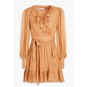 Zimmermann Inspired Gold Metallic Print Ruffle Mini‎ Wrap Dress